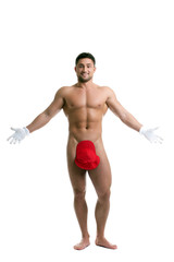Cheerful naked man posing spreading his hands