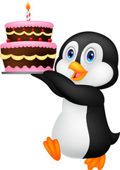 Cute penguin holding birthday cake