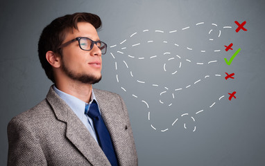 Young man choosing between right and wrong sings