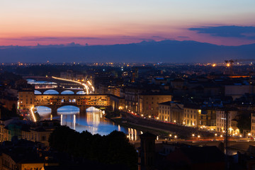 View from top of Ponte Vecchio in sunset, Florence,Tuscany, Ital