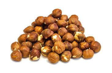 Heap of hazelnuts .