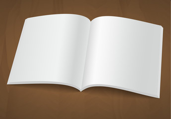 Open blank brochure or magazine on a wooden background