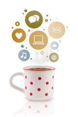 Coffee cup with social and media icons in colorful bubbles