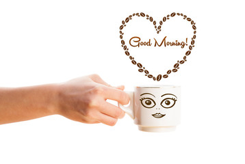Coffee mug with coffee beans shaped heart with good morning sign