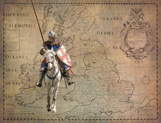 Armored knight on warhorse - retro postcard - obrazy, fototapety, plakaty