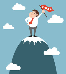 Businessman character on the top of the mountain