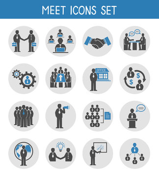 Flat business people meeting icons set