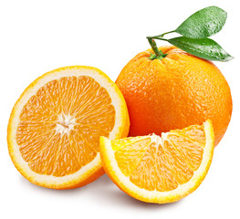 Oranges with slice and leaves isolated on a white background.