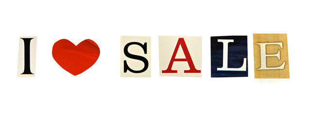 I Love Sale formed with magazine letters on a white background