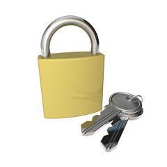 gold padlock and keys on white background