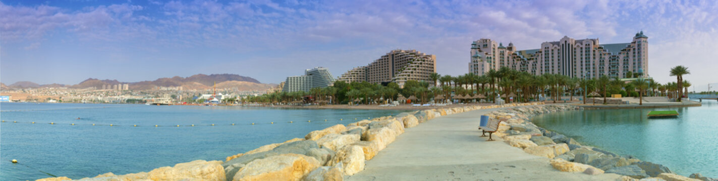 Panoramic view on the central beach of Eilat, Israel