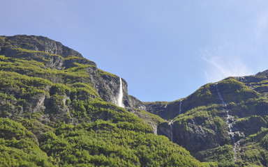 Naeroyfjord, Fjord, Schiffsreise, Wasserfall, Sommer, Norwegen