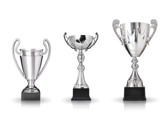 three different kind of silver trophies. Isolated on white backg