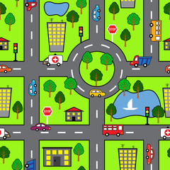 Cartoon seamless pattern with bright road, the car and the city