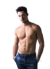 Fototapeta premium Athletic shirtless young man in jeans, with moustache