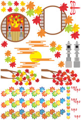 秋用和風イラストカットデザインイメージ素材集（楓・灯篭・赤蜻蛉・和風丸窓枠）