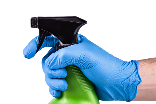 Hand In Blue Latex Glove Keeps Sprayer