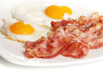 Traditional breakfast with bacon and fried eggs