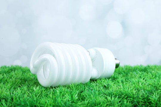 Energy saving light bulb on green grass, on light background