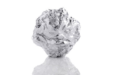 crumpled aluminum foil ball isolated on white background