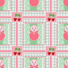 Seamless baby pattern with toys on lace