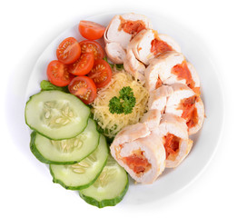 Delicious chicken roll on plate isolated on white