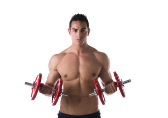 Fototapeta na wymiar Muscular shirtless young man exercising biceps with dumbbells