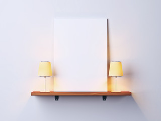 Blank poster on a shelf with two lamps
