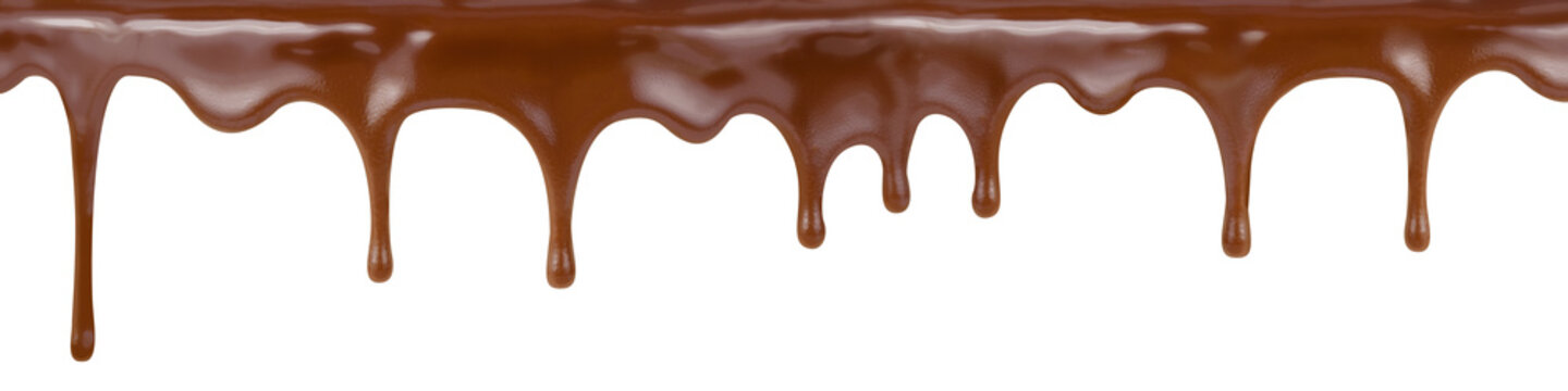 Naklejki pouring chocolate dripping from cake top isolated on white backg