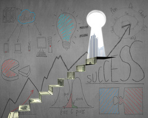 Money stairs with business doodles and key door on wall