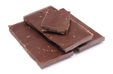 Closeup of dark chocolate pieces on white background
