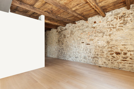 beautiful modern loft, empty room with stone walls