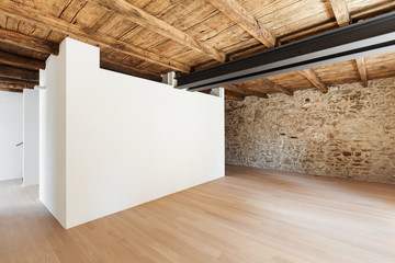 beautiful modern loft, empty room with stone walls