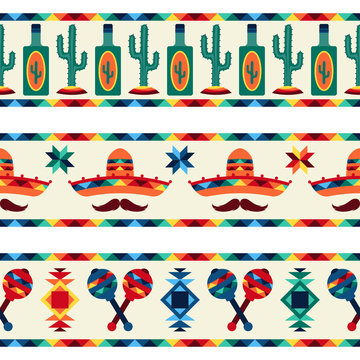 Mexican seamless borders with icons in native style.