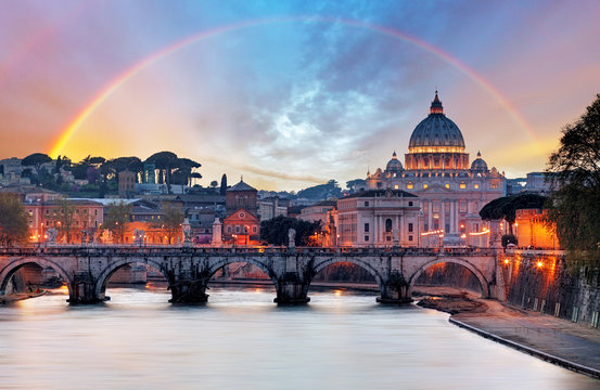 Fototapeta Tiber and St Peter Basilica in Vatican with rainbow, Roma