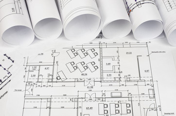 Scrolls of architectural drawings