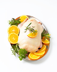 Raw duck with orange slices and herbs on tray