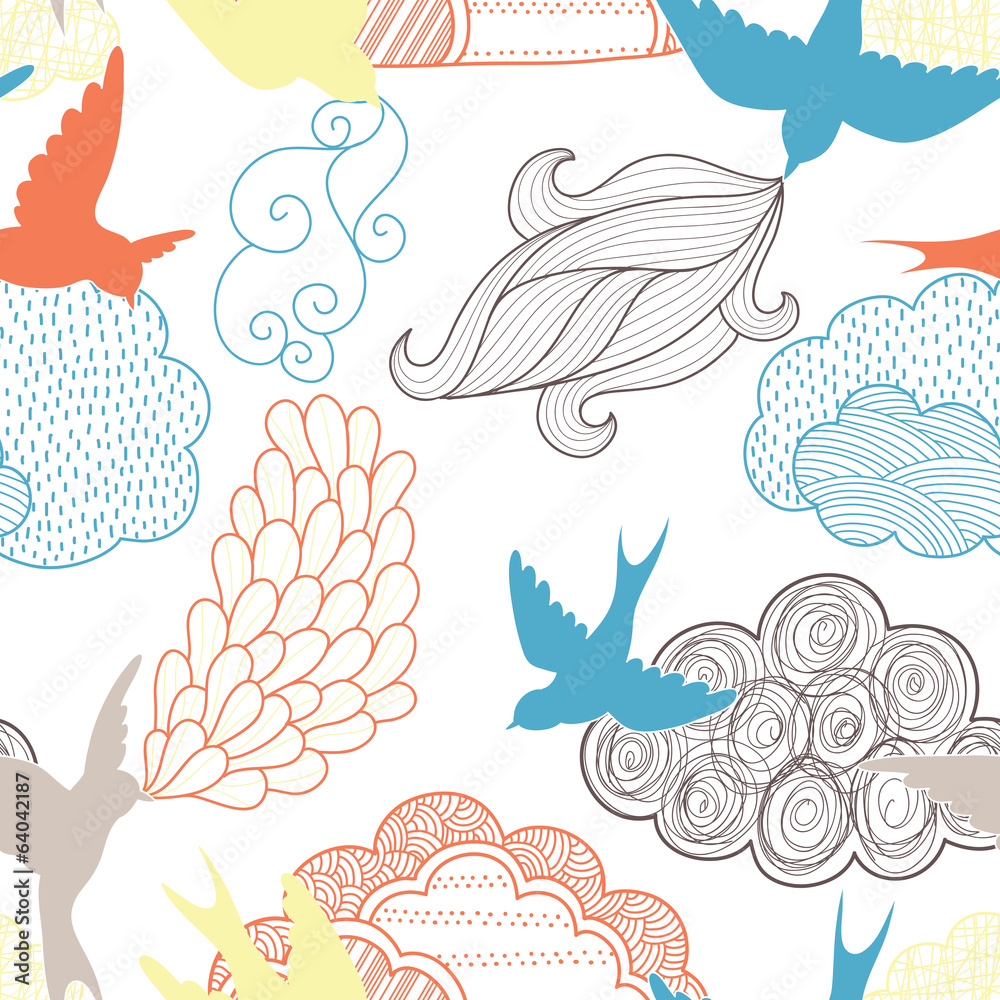 Aufkleber Birds and clouds seamless pattern