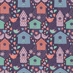 Seamless floral pattern with birdhouses