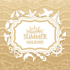 Happy summer holidays, beach with sea icons