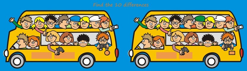 yellow bus, board game, find 10 differences, eps.
