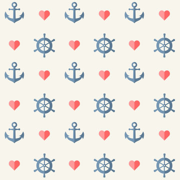 Seamless nautical background with anchors and ship wheels