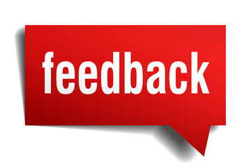 Feedback red 3d realistic paper speech bubble isolated on white