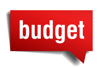 Budget red 3d realistic paper speech bubble isolated on white