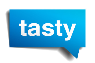 Tasty blue 3d realistic paper speech bubble isolated on white