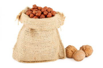 the linen sac with nuts filbert and by walnuts