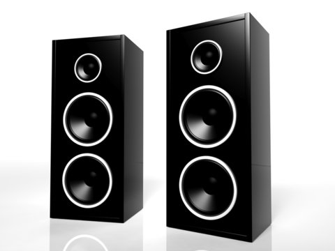 Two black speakers isolated on white background