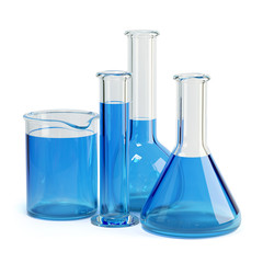 Test-tubes isolated. Laboratory glassware with blue liquid