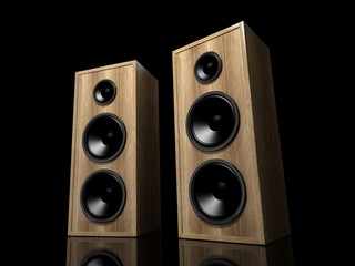 Two classic wooden speakers on black background with reflection