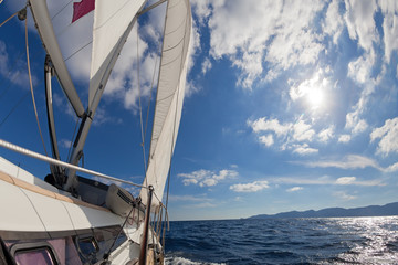 Sailing boat wide angle view in the sea